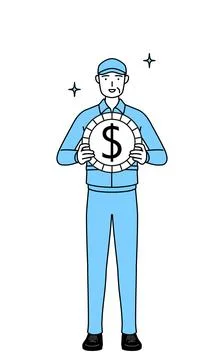 Senior man in hat and work clothes with images of foreign exchange gains an.. Stock Illustration