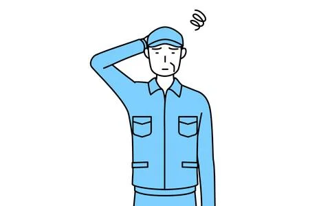 Senior man in hat and work clothes scratching his head in distress. イラスト素材