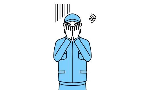 Senior man in hat and work clothes covering his face in depression. Stock Illustration