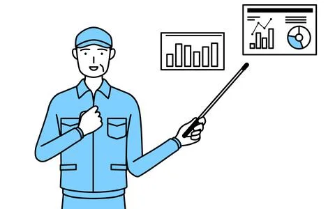 Senior man in hat and work clothes analyzing a performance graph. Stock Illustration