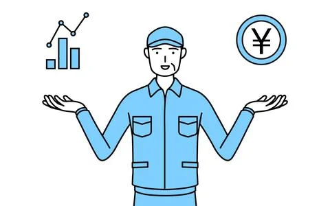 Senior man in hat and work clothes guiding an image of DX, performance and .. Stock Illustration