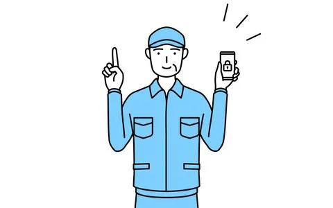 Senior man in hat and work clothes taking security measures for his phone. Stock Illustration