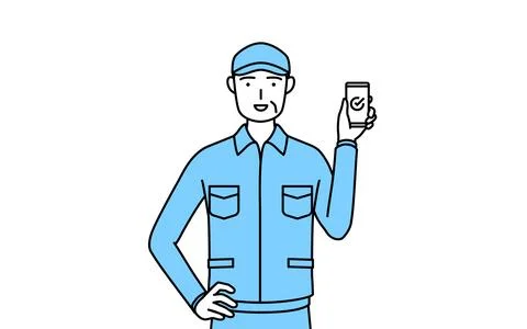 Senior man in hat and work clothes using a smartphone at work. Stock Illustration