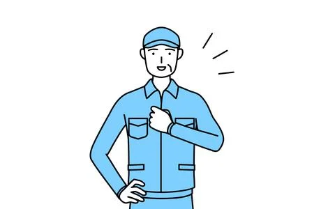 Senior man in hat and work clothes tapping his chest. Stock Illustration