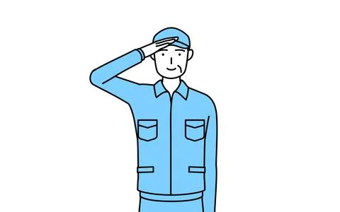 Senior man in hat and work clothes making a salute. Stock Illustration