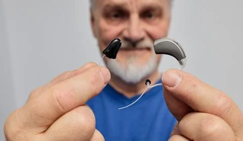Senior man with hearing problems chooses between behind-the-ear hearing aid a Stock-Fotos