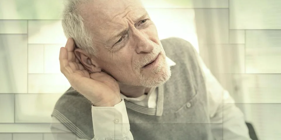 Senior man with hearing problems, geometric pattern Stock Photos