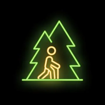 Senior man hiking through forest neon sign on black background Stock Illustration