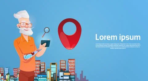 Senior Man Hipster Using Cell Smart Phone Chatting Online Illustrazione stock