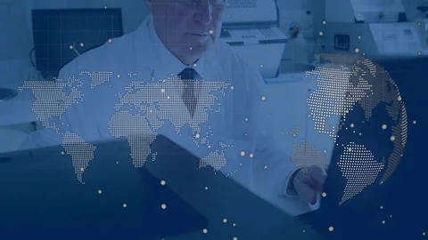 Senior man in lab typing commands for data analysis with animated code overlay, Stock Footage 313308168