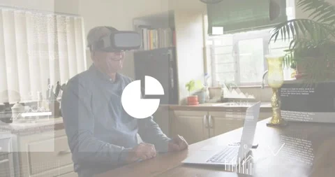 Senior man lifting VR headset revealing cloud icon and navigating tech data Vídeos de archivo 318092711