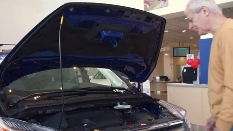 Senior man looks at engine compartment Stock-Footage 73734122
