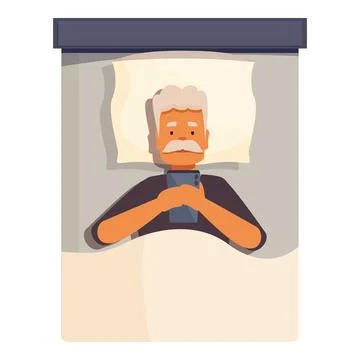 Senior man lying in bed using smartphone late at night Illustrazione stock