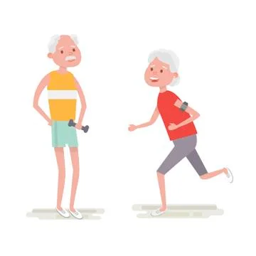 Senior man make exercise with dumbbells. Elderly woman run with armband for.. Illustrazione stock