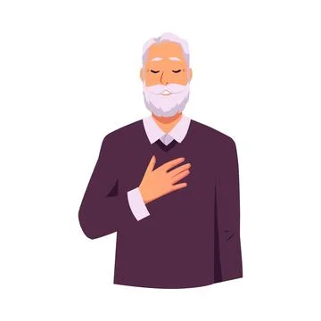Senior man makes calm breathing exercise, breathe out and in, holding chest with 스톡 일러스트