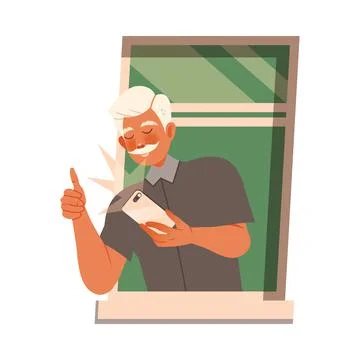 Senior Man in Open Window Taking Selfie with Smartphone Vector Illustration Ilustración de archivo