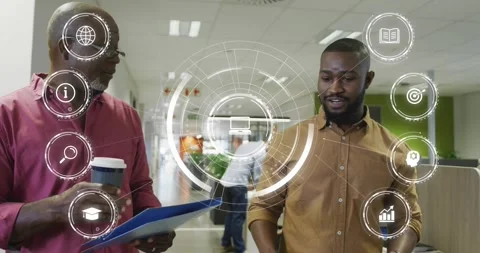 Senior man opening blue folder explaining while mentee nodding HUD overlaying Video stock 332316445