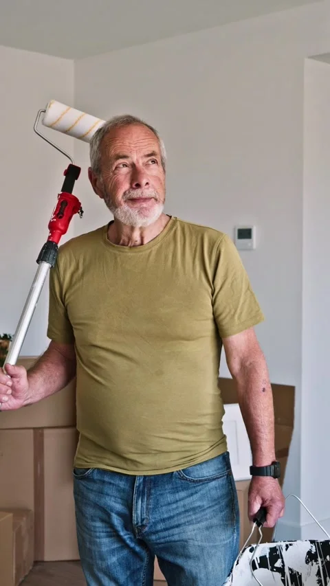 Senior man with paint roller funny mishap during home renovation Stock Footage 345821756