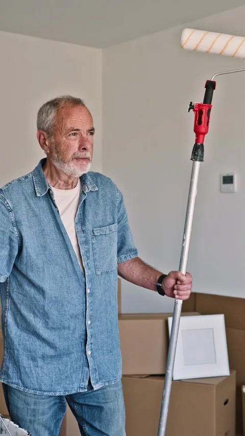 Senior man with paint roller renovating new home Stock Footage 345821209