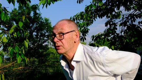 Senior man picking ripe cherry from tree and smiling through glasses with Stock Footage 345334854