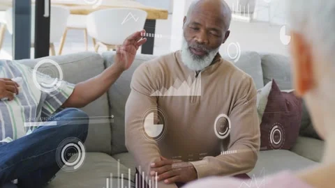 Senior man processing health while woman speaking, left man placing hand, HUDs 스톡 동영상 332405229