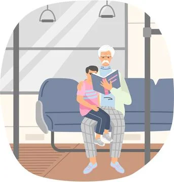 Senior man read book for his grandson sitting on bench rides with child in Stock Illustration