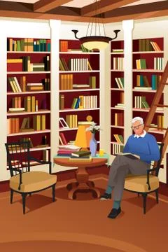 Senior Man Reading a Book in the Library Stock Photos