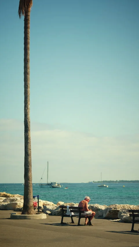 Senior man relaxing on a bench along the rocky coastline, enjoying the warm Stock Footage 339778367