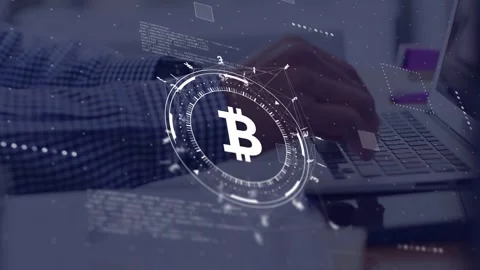 Senior man resting typing on laptop keys, forming holo Bitcoin ring over hands Stock Footage 334729021