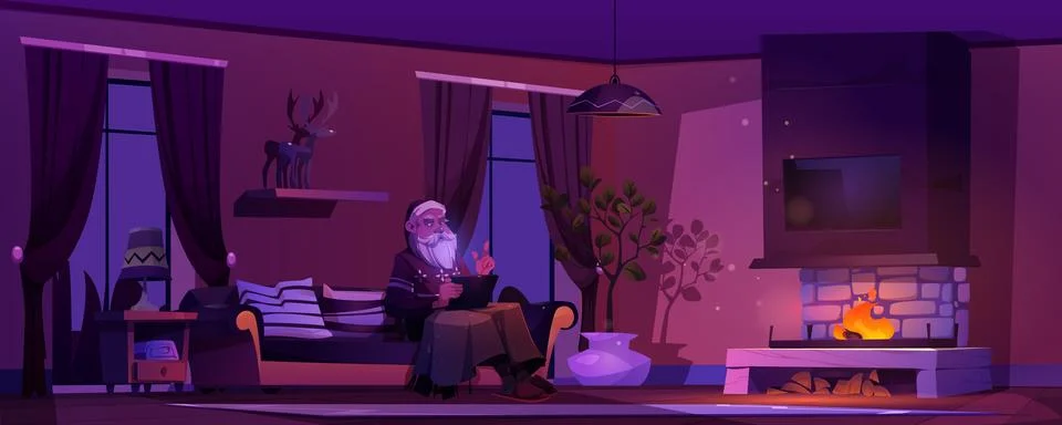 Senior man in santa hat using tablet on couch Stock Illustration