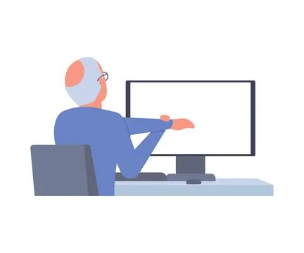 Senior man sits back at table computer and stretching, doing exercises. Elderly Stock Illustration