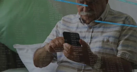 Senior man sitting on bed tapping smartphone causing technology code, blue bars Video stock 329946662