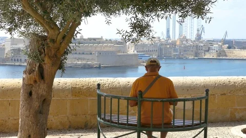 Senior man sitting on a bench under a tree overlooking city Stock Footage 108387968