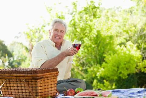 Senior man sitting on patterned cloth in park, raising wine glass beside wicker Stock Photos