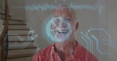 Senior man smiling and activating HUD health scan, locking onto mouth and Video stock 331169275