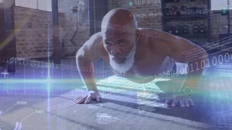 Senior man starting high plank, lowering and rising in pushups while HUD Stock Footage 333463305