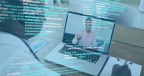 Senior man starting remote call on laptop, presenter demonstrating code overlay Stock Footage 312486083