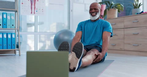 Senior man, stretching and exercise on laptop in online class, virtual training Video stock 248761840