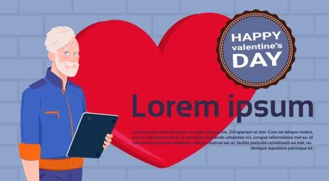 Senior Man With Tablet Computer Over Red Heart Template Background With Happy Stockillustratie