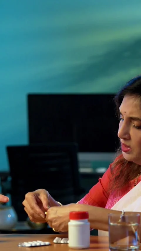 Senior man taking medicine while Indian wife serves him with water Stock-Footage 343109537