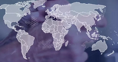 Senior man tapping phone, activating tech map overlay, revealing borders and hex Stock Footage 331161283