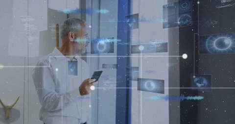 Senior man tapping phone and initiating AR panels sliding over window, Stock Footage 334036370