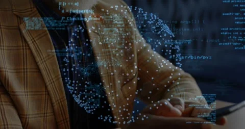 Senior man tapping smartphone in tech hub after holographic data flickering and Stock Footage 327357019