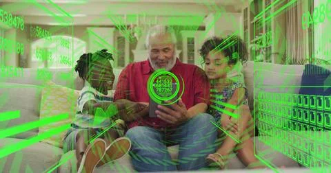 Senior man tapping tablet and initiating green HUD tech, engaging children, HUD Stock Photos