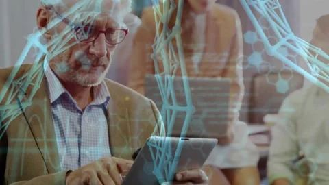 Senior man tapping tablet causing blue network growing with scrolling code Stock Footage 327899895