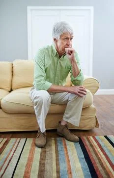 Senior man, thinking and memory on couch with ideas, reflection or choice with Stock Photos