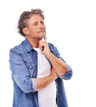 Senior man, thinking and problem solving for solution with questions Stockfoto's
