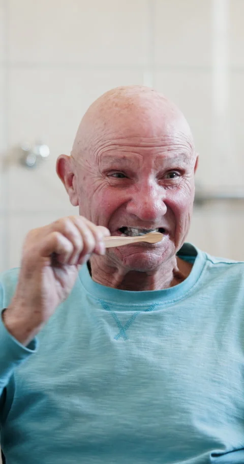 Senior man, toothbrush and brushing teeth in home for hygiene, fresh breath and Stock Footage 333171018