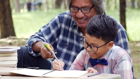 Senior Man training Boy about Homework at park. Stock Footage 96115540