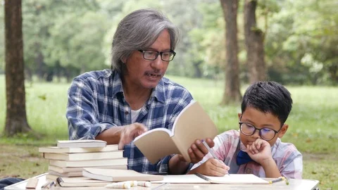 Senior Man training Boy about Homework at park. Video stock 96115846